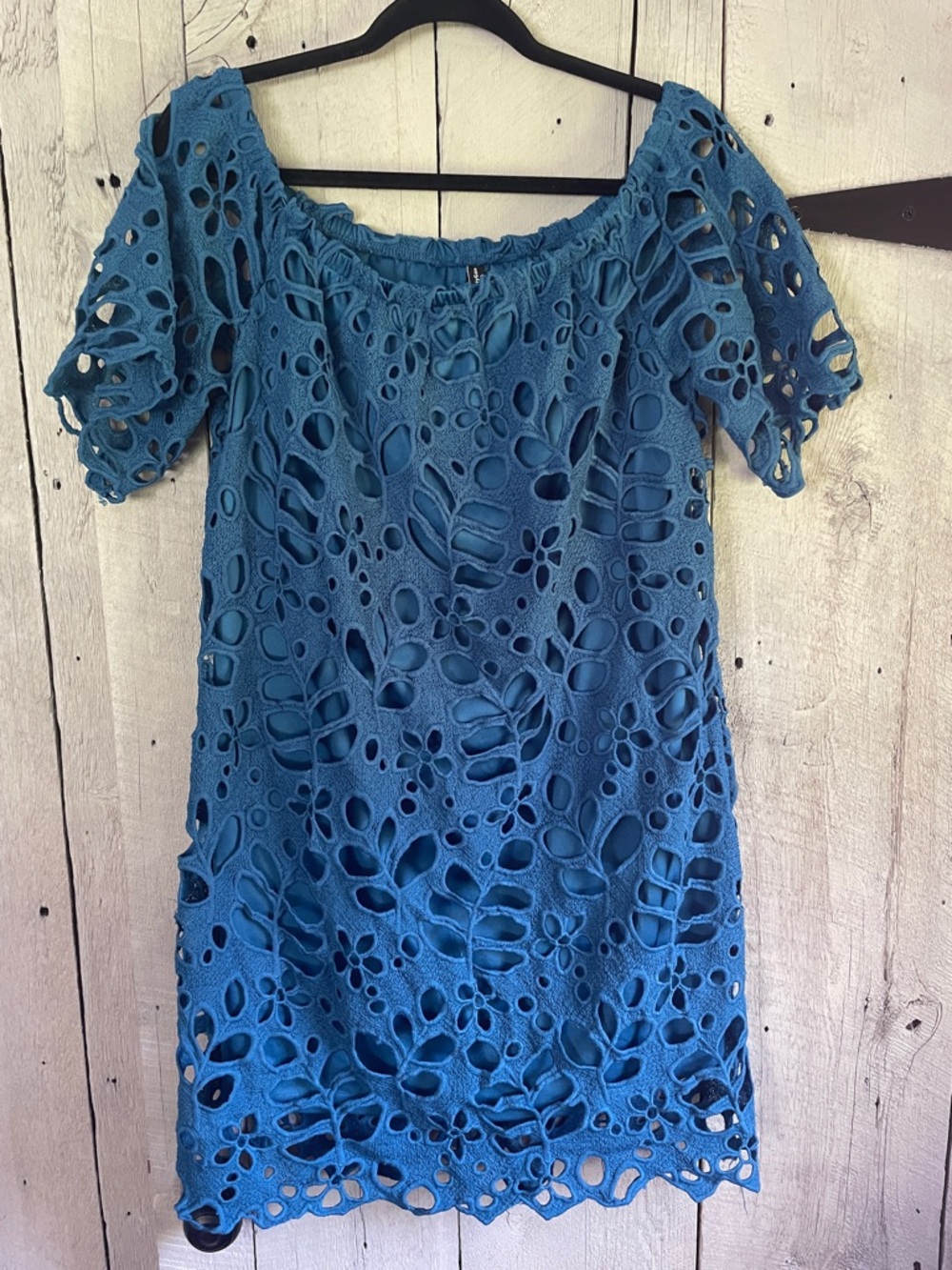 Women’s Teal Blue Eyelet Lace Off-Shoulder Dress